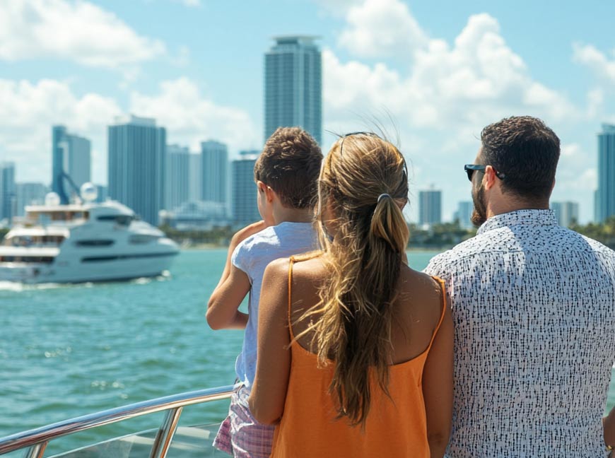 Guests enjoying a daytime New York skyline cruise with harbor views.