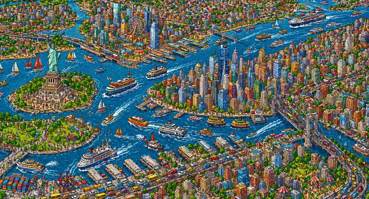 The New York Skyline Cruises map shows the route of each harbor cruise.